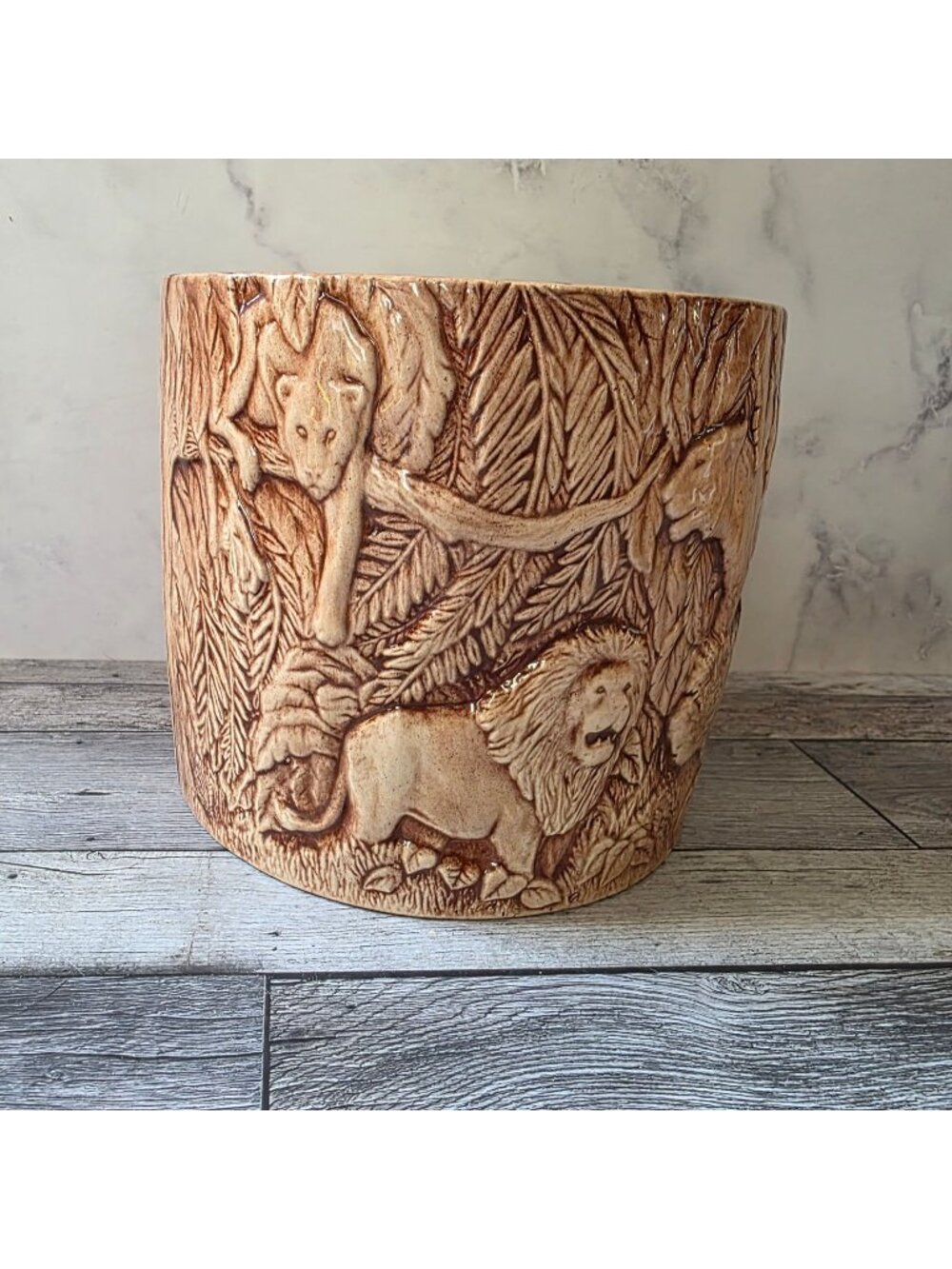 Duncan Mold Jungle Safari Ceramic Planter Carved Lion & Leopard Vintage 1975